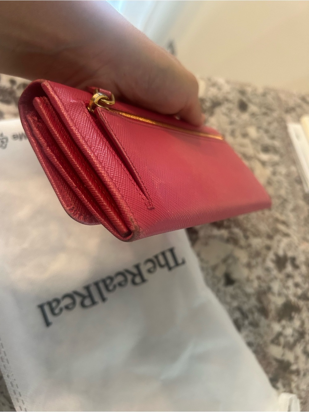 PRADA Pink Saffiano-Style Foldover Wallet with Gold Emblem - Picture 4 of 5